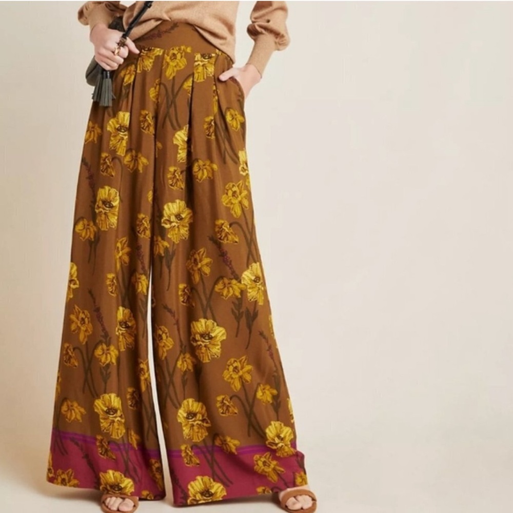 Anthropologie Brown and Yellow Floral Wide-Leg Pants